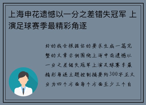 上海申花遗憾以一分之差错失冠军 上演足球赛季最精彩角逐